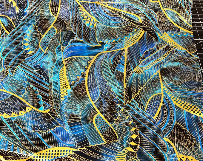 FINAL 1 METRE SALE Fabric Robert Kaufman Teal blue Egyptian theme Wings blue 100% Cotton